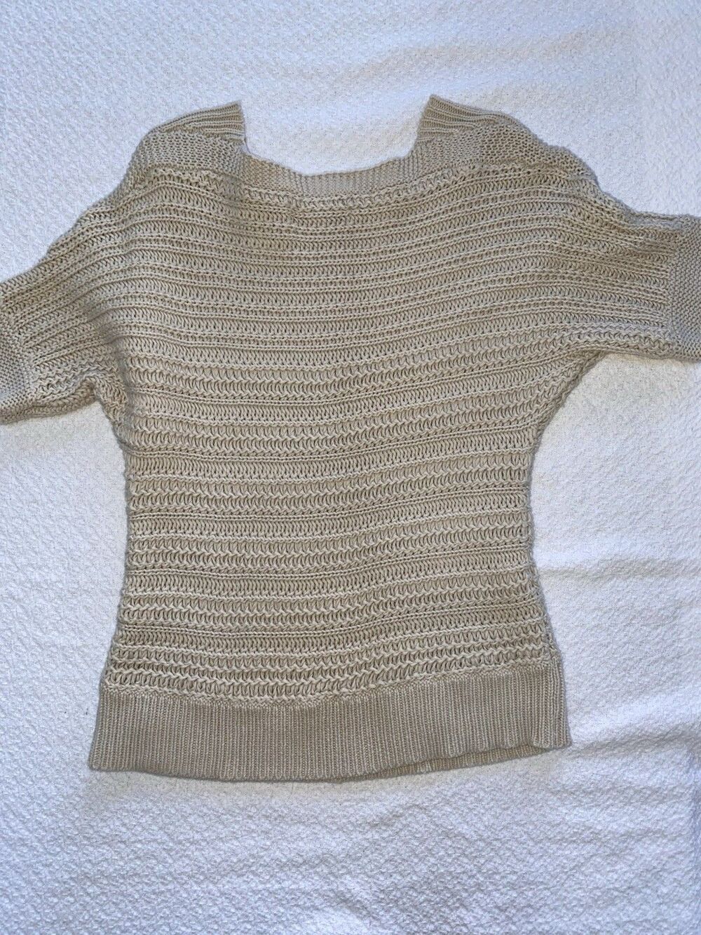 LOFT Ann Taylor Beige Open Knit Crochet Sweater Top Small Boho Coastal Grandma